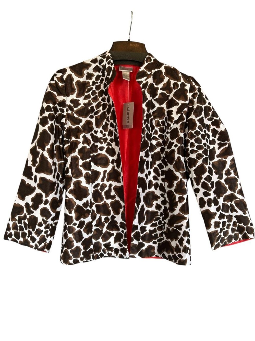 Chico's Reversible Giraffe Print Gale 3/4 Jacket NWT Size 0 Small Red Lining
